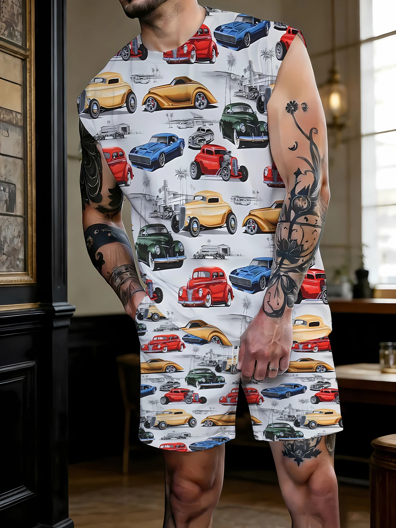 

Men's V-Neck Tank Top and Shorts Set Lightweight Polyester Homewear Vacation Outfit Standard Fit