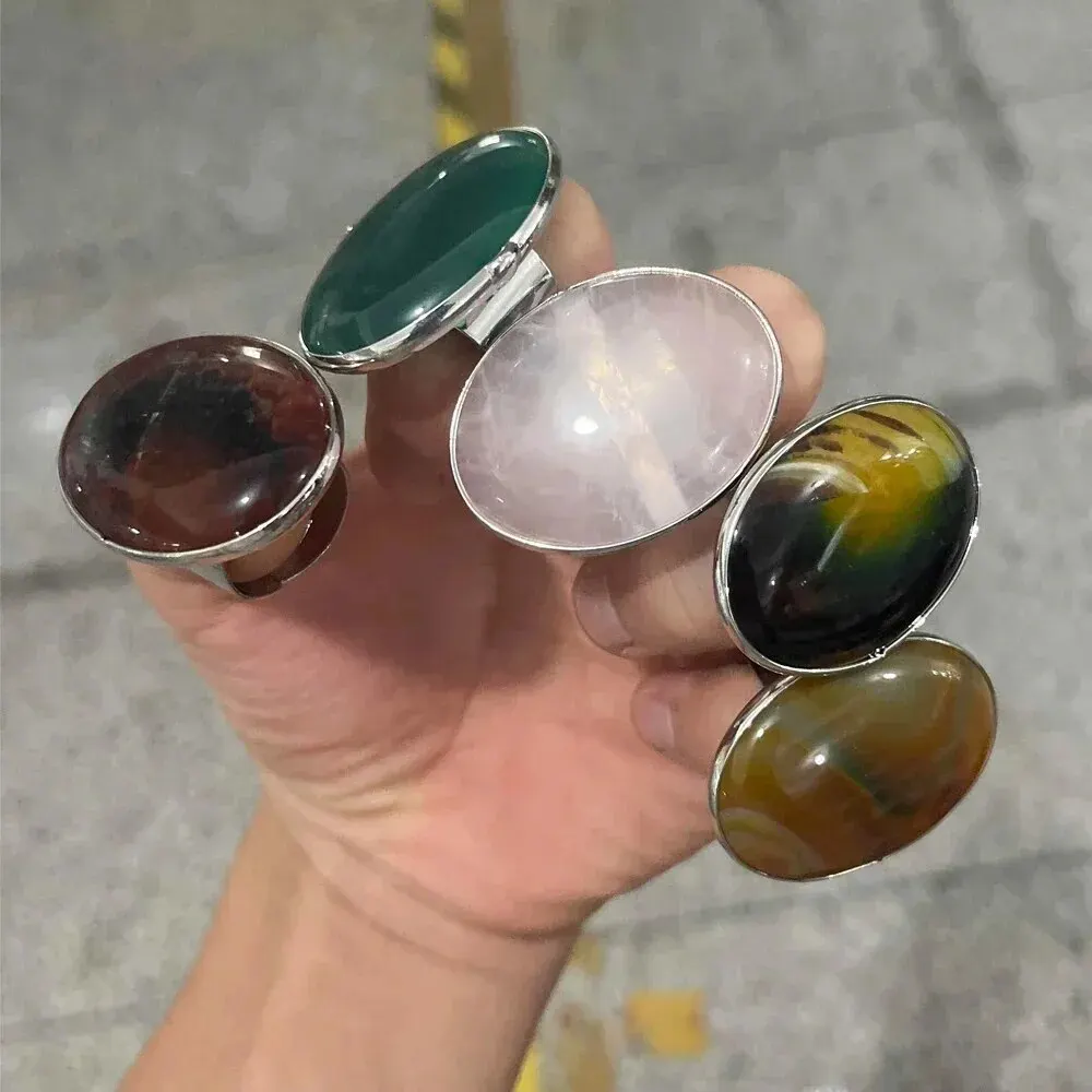 2pcs Random Color 30x40mm Natural Stone Agate Oval Vintage Silver Color Ring for Women Fashion Jewelry Crystal Rings Accessories