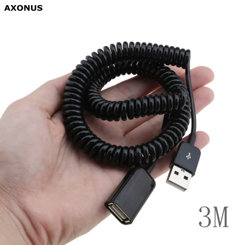 USB 2.0 Male to Female Spiral Coiled Adapter Cable 3M Black Spring Telescopic Extension Wire Cord for Data Syncing & Charging