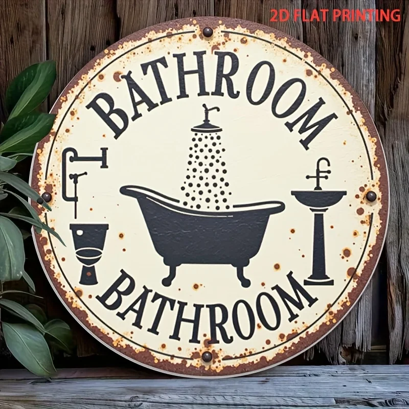 2D Flat - 2D Plane - Vintage Circular Wall Art Made of Forged Aluminum, Featuring Icons of a Sink, Shower, And Washbasin. This R