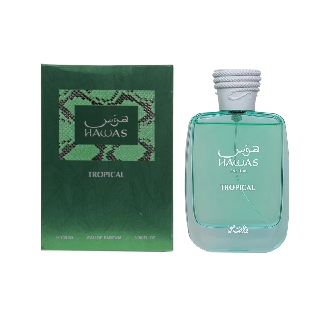 Hawas Tropical Rasasi a Crisp Green Aromatic Scent Featuring Fig Leaf Mint and Creamy Coconut for the Nature-Inspired Man