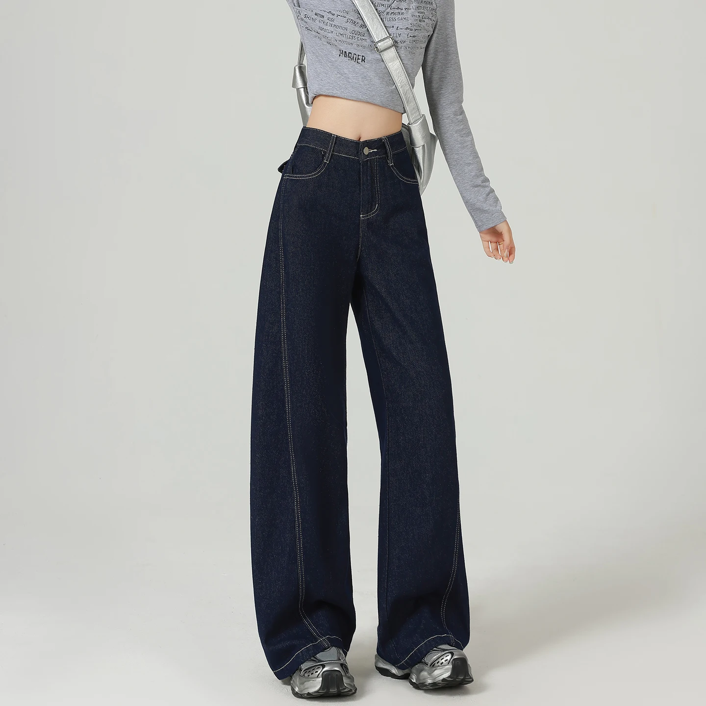 Fall 2026 Chic Straight Leg Wide Leg Denim Jeans High Waist Long Pants Color Block Stitching Contrast Color New Arrival Women...