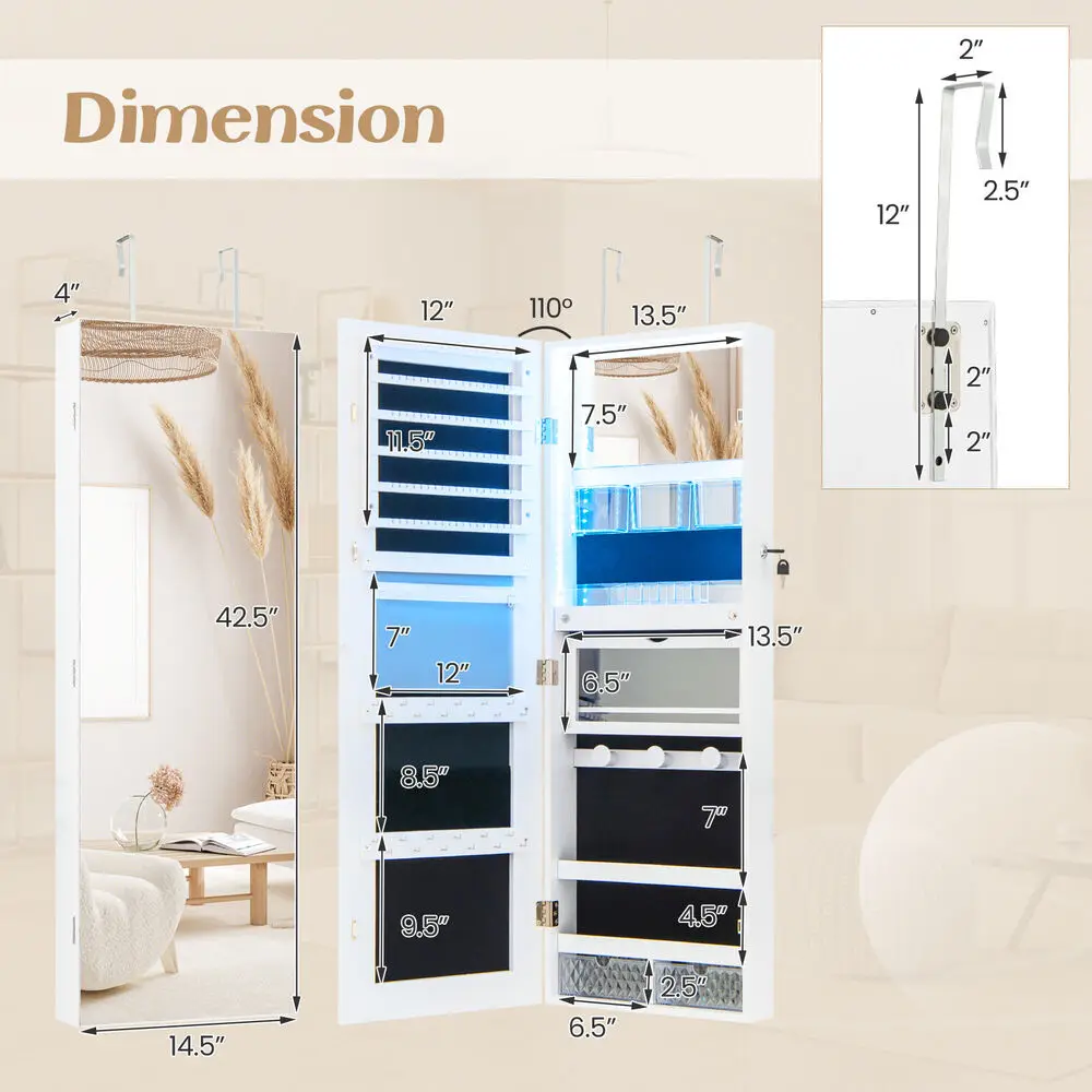 LED Mirror Jewelry Cabinet Wall/Door Mounted Lockable Organizer w/ 2 Drawers