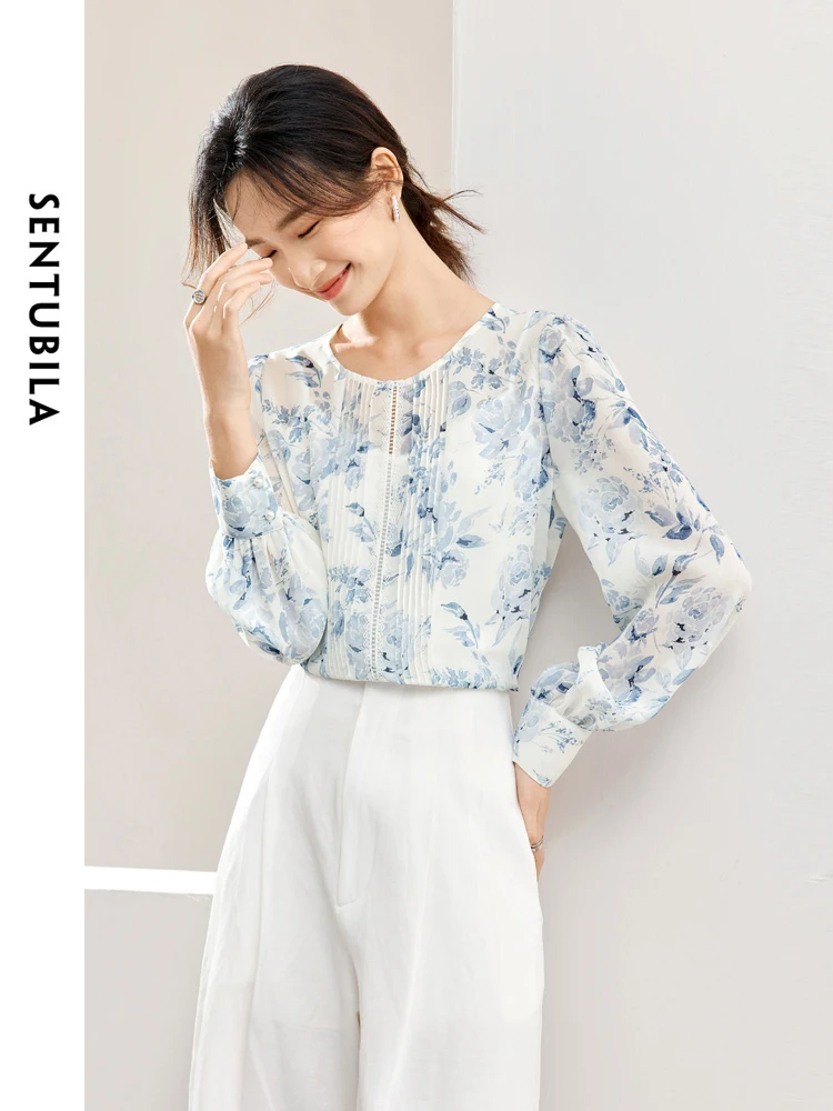 SENTUBILA 2 Piece Printed Chiffon Blouse and Camisole Top Women 2024 Chinese Style Fashion Hollow Out Straight Shirt 143V57361X