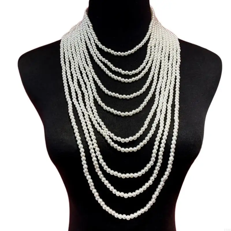 H58E Elegant Pearls Shawl Body Chain Hand Beading Collar Necklace for Stage Shows