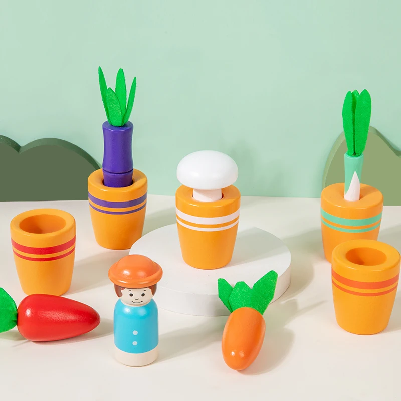 Children's Cute Flower Pot Planting Color Matching Game Vegetable Size Cognitive Thinking Training Puzzle Wooden Toy