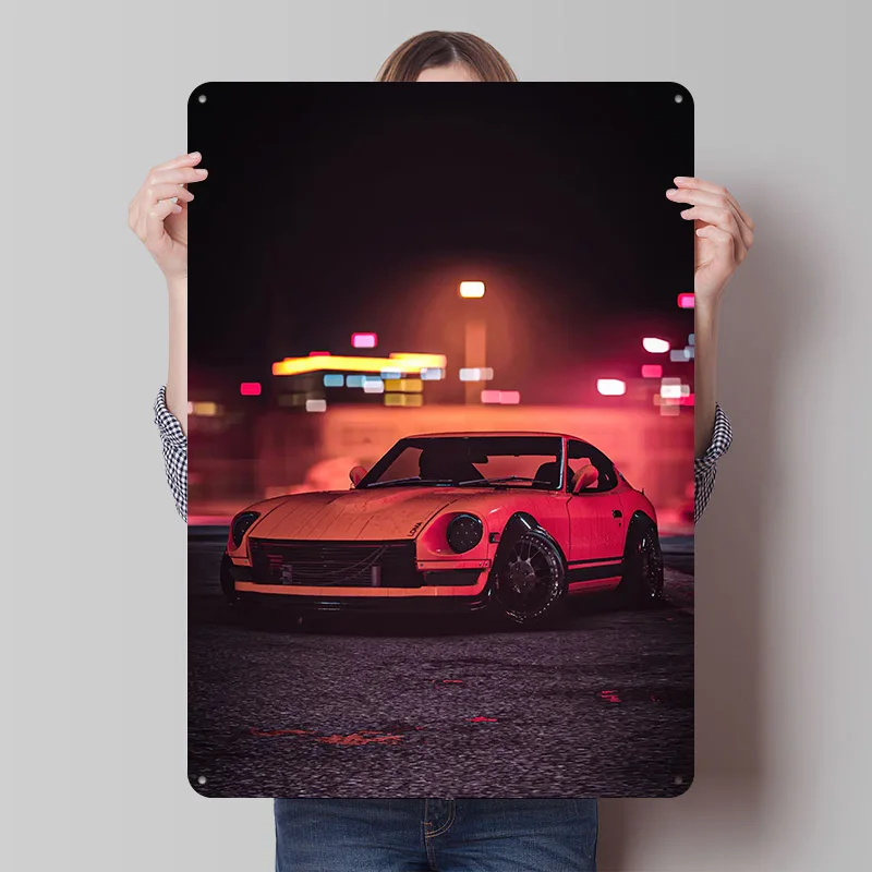 Orange and Red Sports At Night Car Metal Poster Customized Wall Art Retro Vintage Tinplate Signs for Garage Home Decor Wand Deko