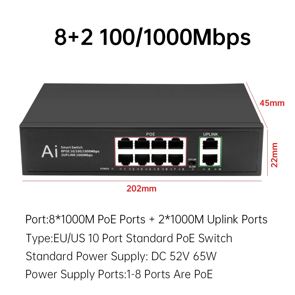 POE Switch 10 Ports 1000Mbps 8+2 Port Gigabit High Fast RJ45 Smart Switch IEEE 802.3 AT/AF Internet Splitter for Wifi Router