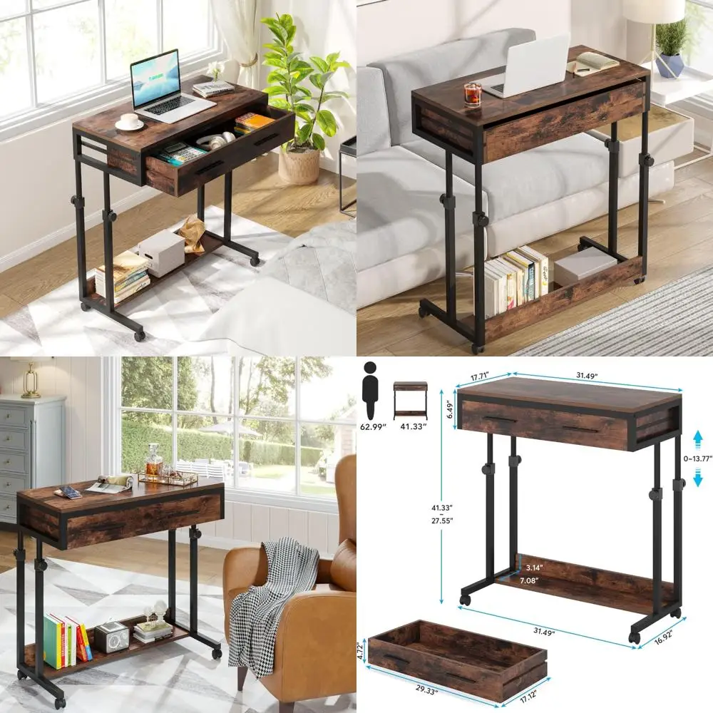 

Portable Desk with Drawers and Wheels, Mobile Laptop Desk, Compact Rolling Side Table for Sofa, Small Portable Standing Desk