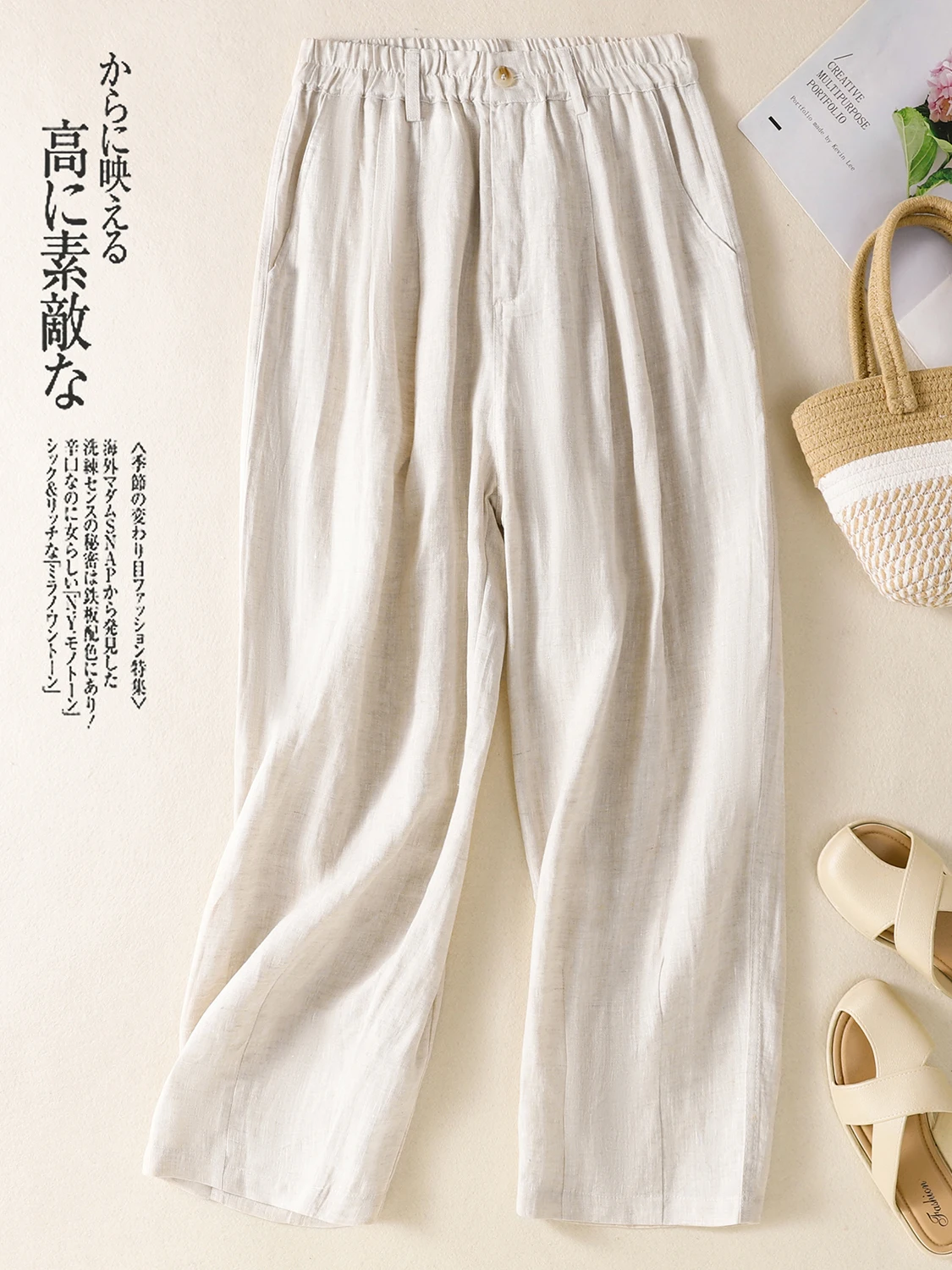 

Casual Cotton Linen Straight Leg Pants Women Summer Thin Elastic Waist Daily Match Slimming Drapey Casual Loose Fit Trousers