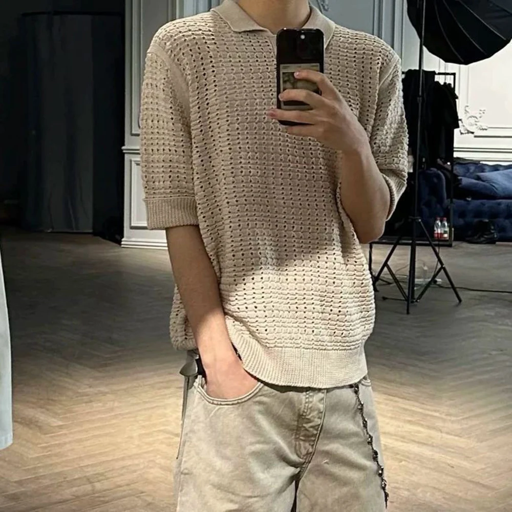 

Men's Solid Color Hollow Knitted Short-Sleeved T-Shirt American Retro Fashion Trend Loose Casual Breathable Summer Men's Tops