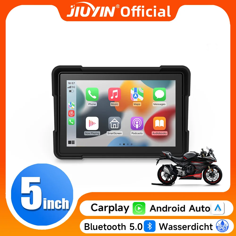 JIUYIN IPX7 Waterproof 5Inch Motorcycle Portable Navigation GPS Screen  Wireless Apple Carplay Android Auto Display Dual BT