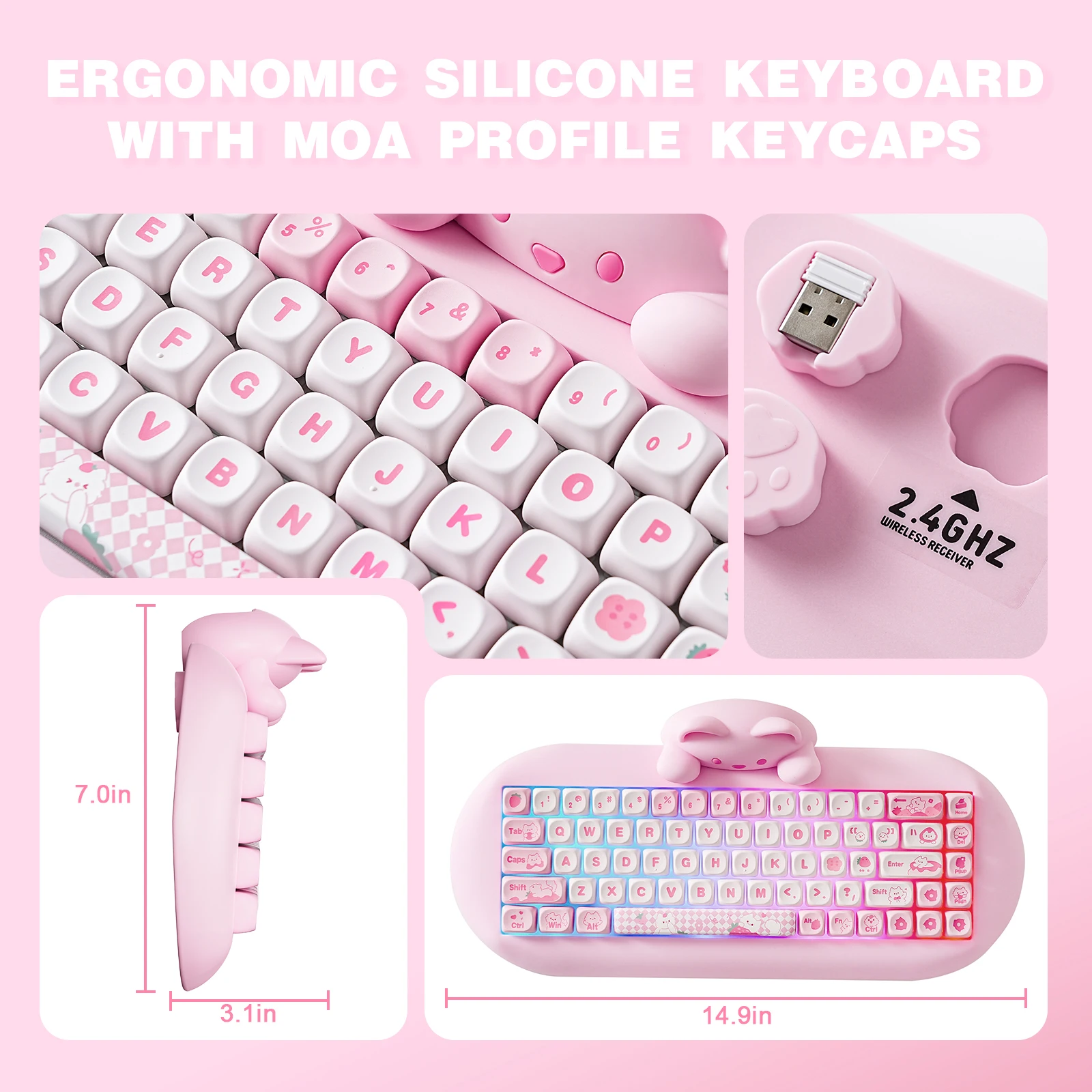 YUNZII C68 핑크 65% Hi-Fi 귀여운 고양이 실리콘 핫 스왑 NKRO 인체 공학적 무선 BT5.0/2.4G/유선 RGB 기계식 게임용 키보드 썸네일 4