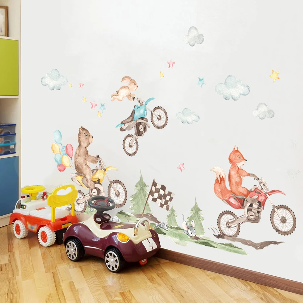 Cartoon Motorcycles Jungle Animal Wall Decal Children's Room Dirt Bike Motocross Wall Sticker for Baby Room Boy Wall Decoration