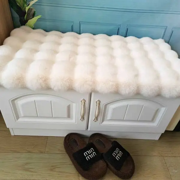 

Faux Rabbit Fur Stool Cushion - Non-Slip Bubble Fleece Mat for Shoe Changing Bench, Hallway & Cabinet