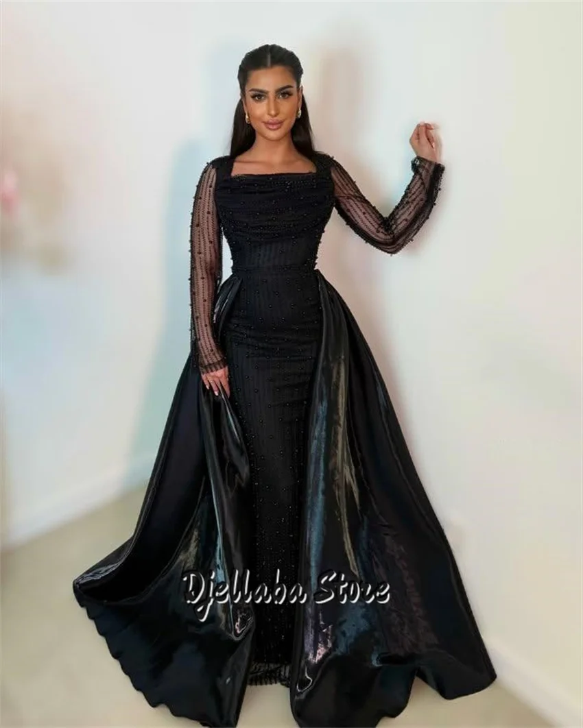 

Elegant Dubai Black Evening Dress Beading Pearls Long Sleeves Prom Party Gown Wedding Reception Party Gowns Customized