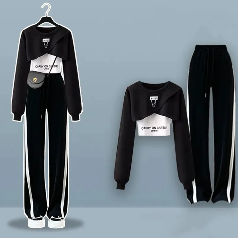 2024 Spring Set Women's Korean Academy Style Irregular Top+suspender+wide leg pants Three piece Set Fashion