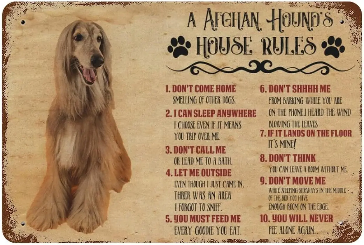 Funny Dog Rules Metal Tin Sign A Afghan Hound's House Rules Wall Art Rustic Farmhouse Dog Signs With Sayings For Home Decor