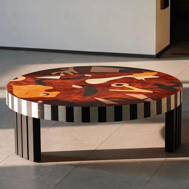 Medieval style veneer hand-painted round coffee table small apartment solid wood living room household coffee table