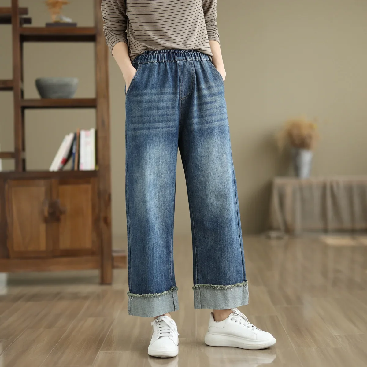 Aricaca Women Casual Blue Denim Pants Fashion Wide Leg  Boyfriend Jeans for Women