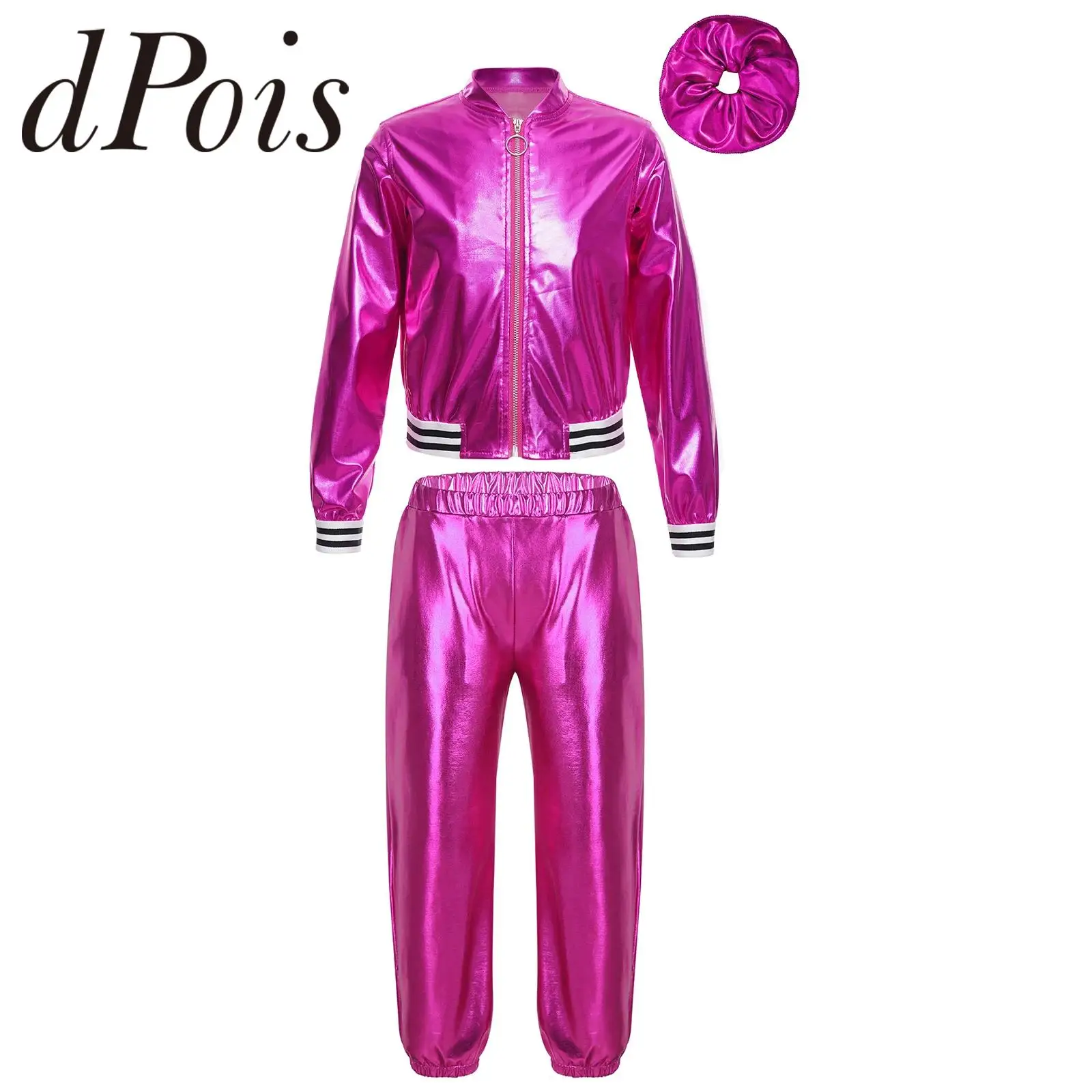 Fashion Girls Dancewear Suits Kids Hip Hop Clothes Long Sleeve Zipper Metallic Jacket with Pants Children Jazz Dance Costume