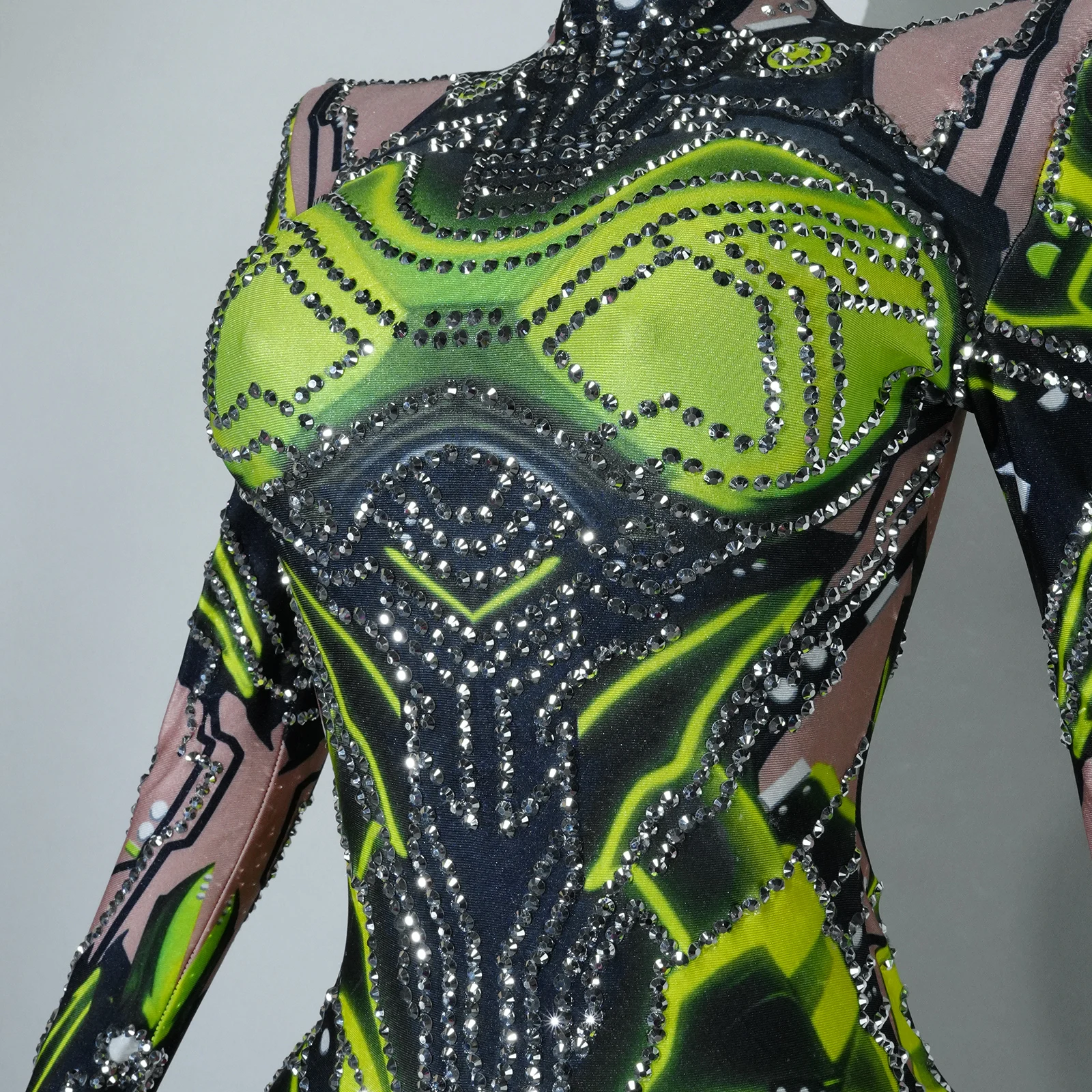 Moda strass glitter stampato body donna pole dance team body manica lunga sexy party nightclub drag queen outfit
