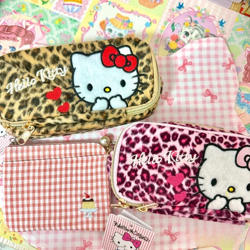 

Pink Colored Leopard Kitty Plush Large Makeup Bag Pencil Case brown Print Kitty KT fuzzy Large Capacity Travel bag for women