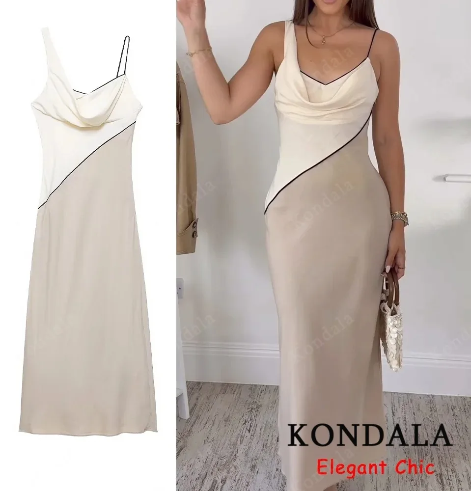KONDALA Elegant Chic Suspender Dress Women's Contrasting Lines Slim Dress 2026 Summer Fashion Holiday Casual Dating Lady Dress