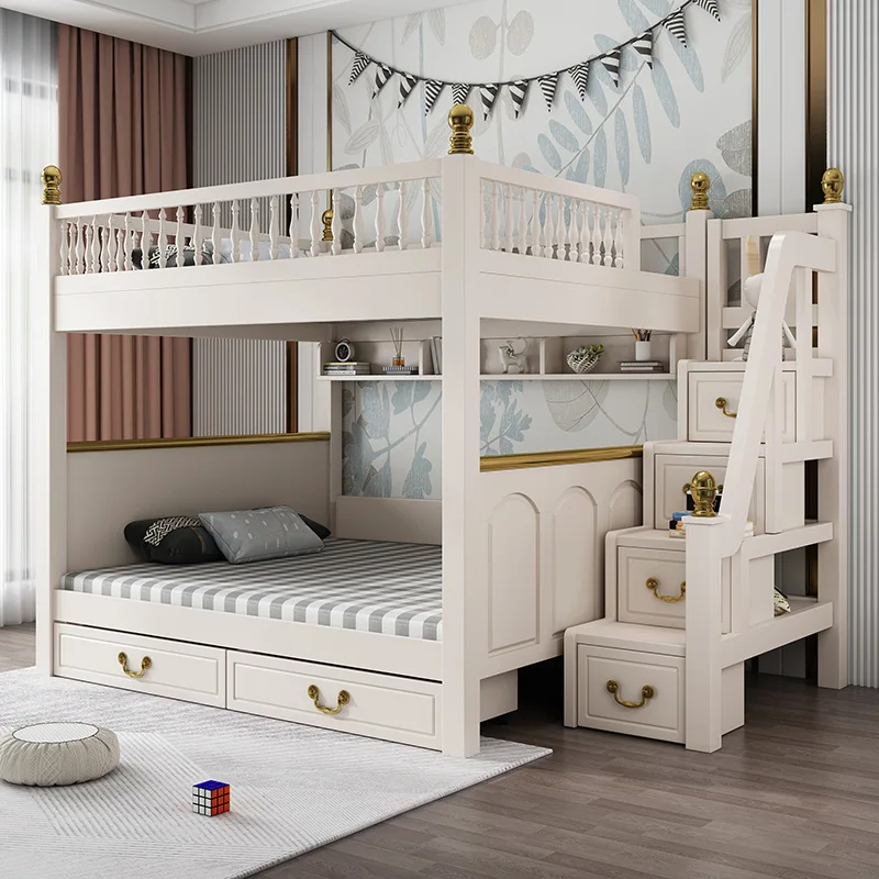 

1.8 m solid wood high and low bunk bed adult upper and lower gold painted upper and parallel drawers mother and child bed slide