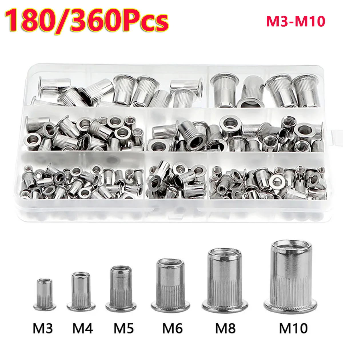 180/360Pcs Carbon Steel  M3 M4 M5 M6 M8 M10 Flat Countersunk Head Threaded Rivet Insert Nutsert Cap Rivet Nut Accessories Kit