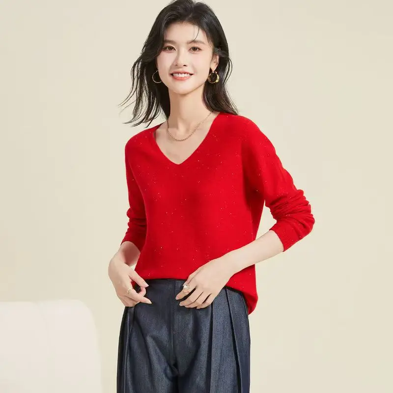 

New 100% Pure Wool Long-Sleeved V-Neck Sweater For Women In Autumn And Winter Loose Pullover Knitted Bottoming Shirt