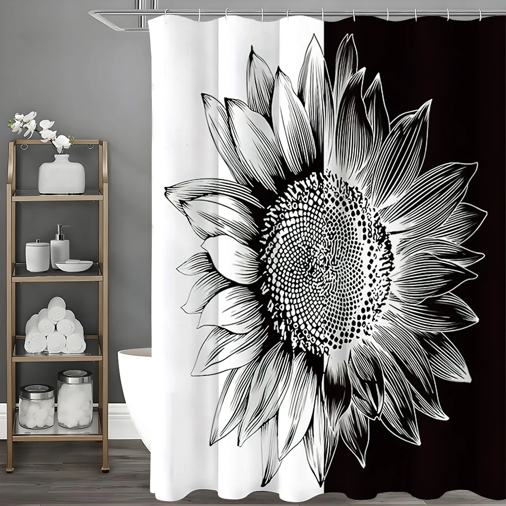 

Black and White Sunflower Shower Curtain, Bathroom Decorative Shower Curtain, Waterproof Shower Curtain with Hooks