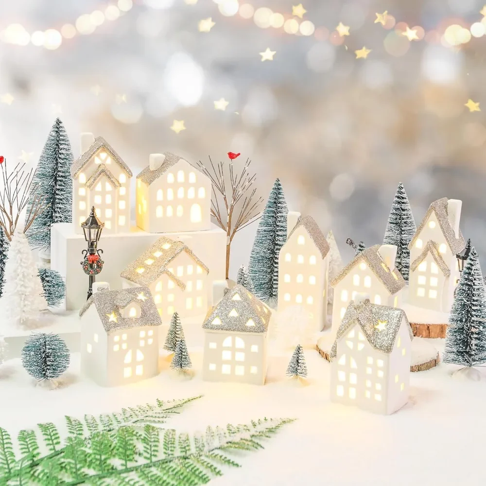 

29 Ceramic Christmas Village Sets, Christmas Pine Trees with Tea Lights, Christmas Streetlights, White Porcelain Houses