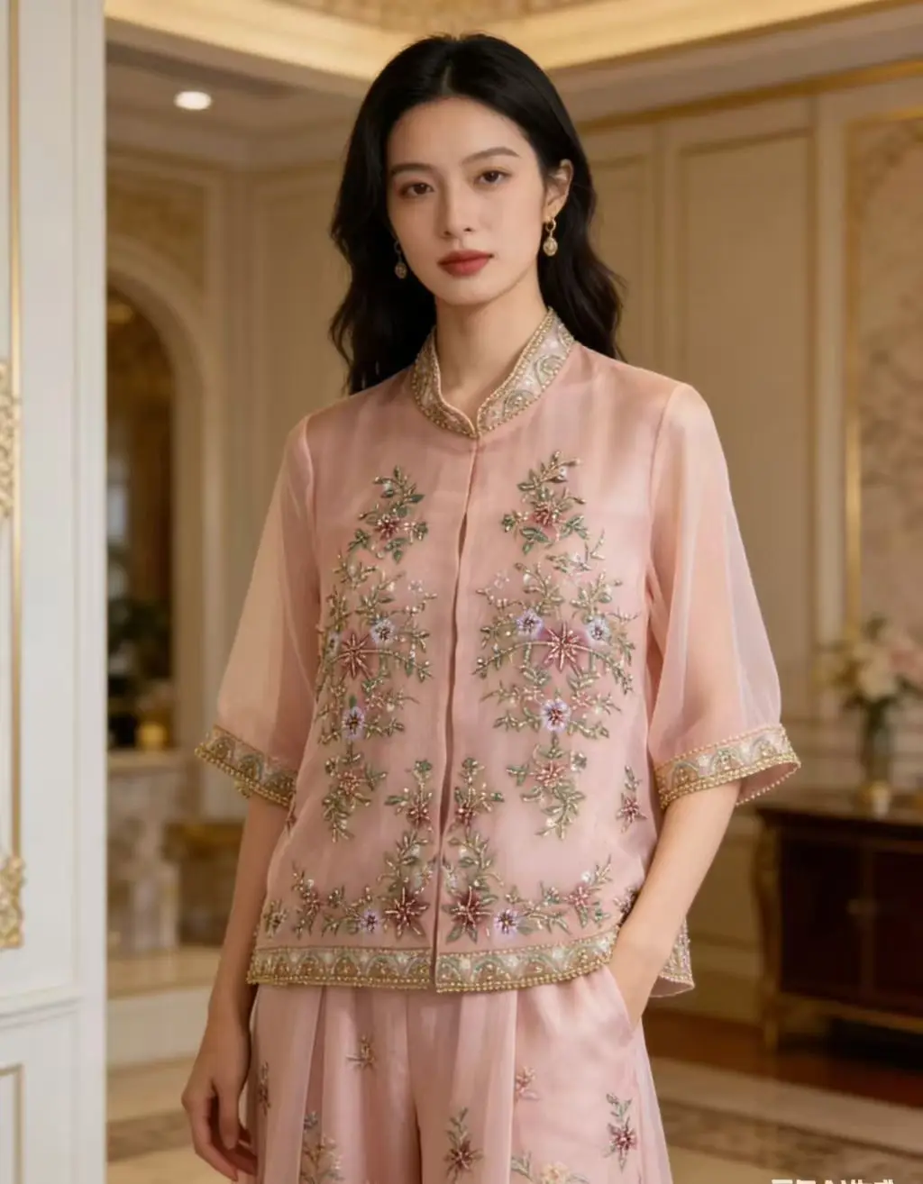 

Высококачественная новая шелковая ткань из органзы с вышивкой бисером, модная женская рубашка с короткими рукавами и скрытыми пуговицами, размеры M-XXL.