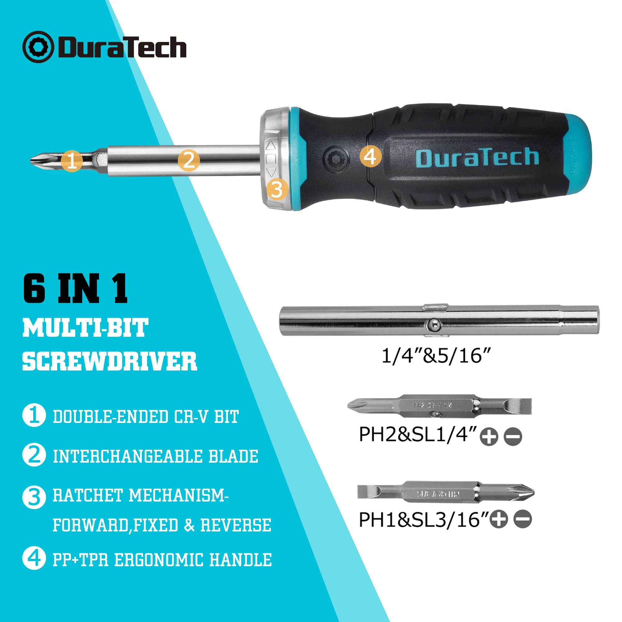 DURATECH 6 IN 1 Ratchet Screwdriver With Quick-Load Function Mechanic Hand Tools Slotted Phillips Torx Square Screwdriver Kit