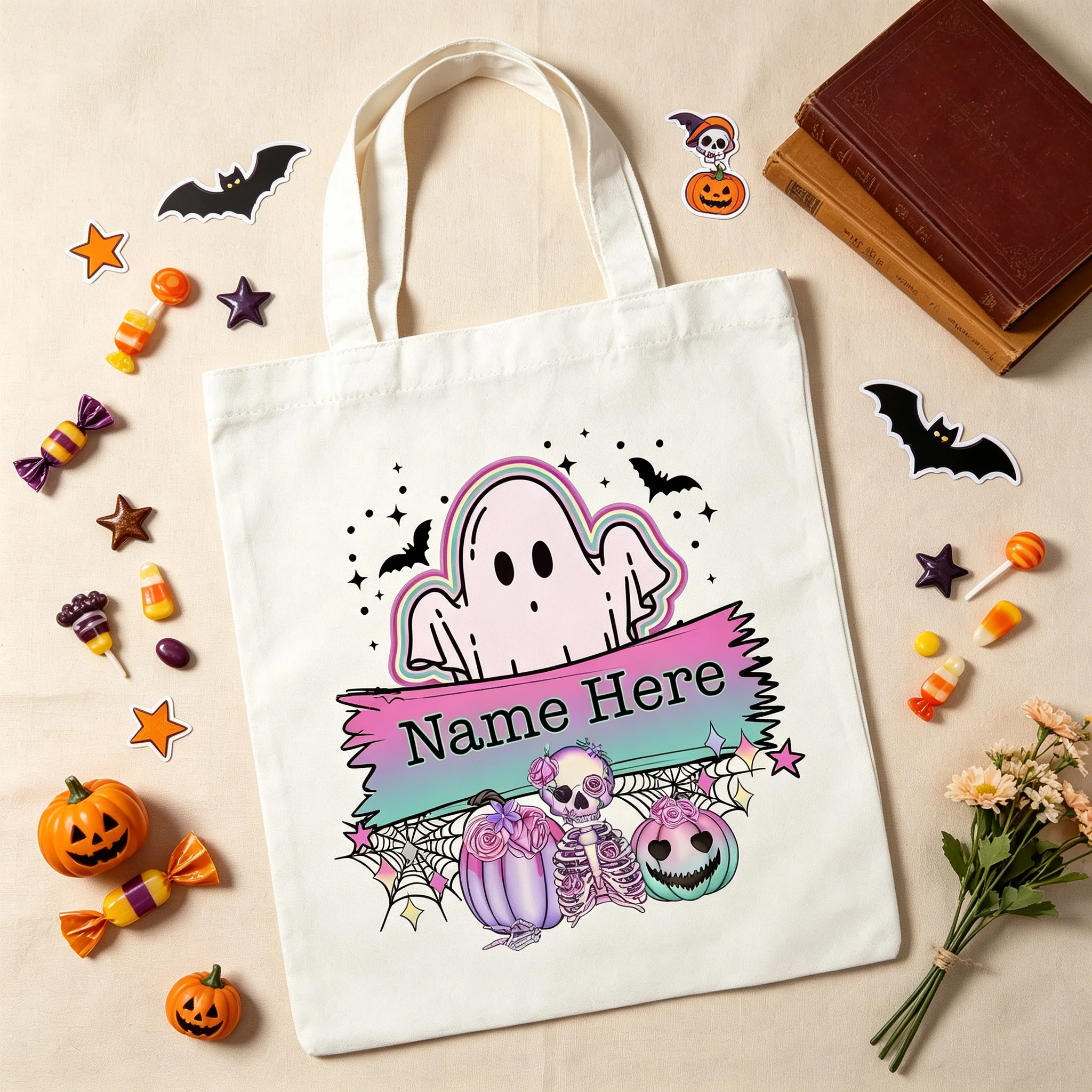 Personalized Halloween Pastel Ghost Canvas Tote Bag Custom Name Skull Pumpkin Trick or Treat Shoulder Bag Cute Gift for Girls