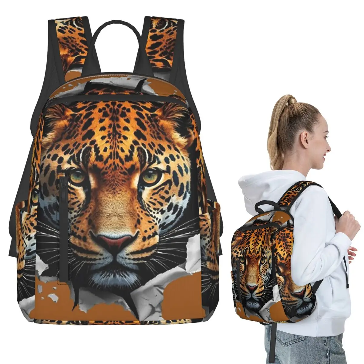 

Leopard Breaking Through Wall Backpack Student BookBag Children School Bag Laptop Shoulder Bags Men Women