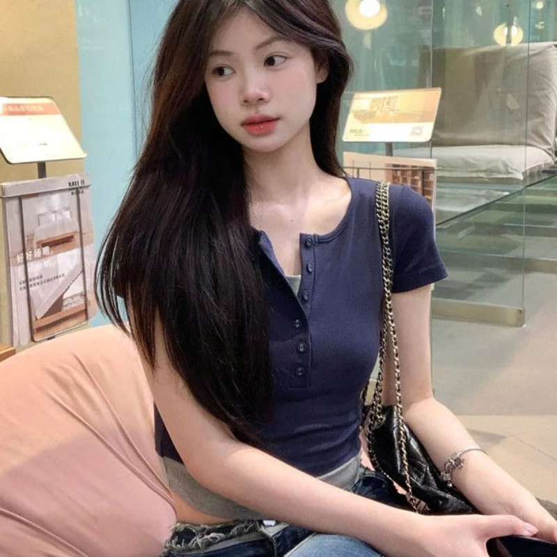 T-shirts Women Fake Two Piece Summer Button Panelled O-neck Elegant Students All-match Streetwear Trendy Y2k Simple Leisure Ins