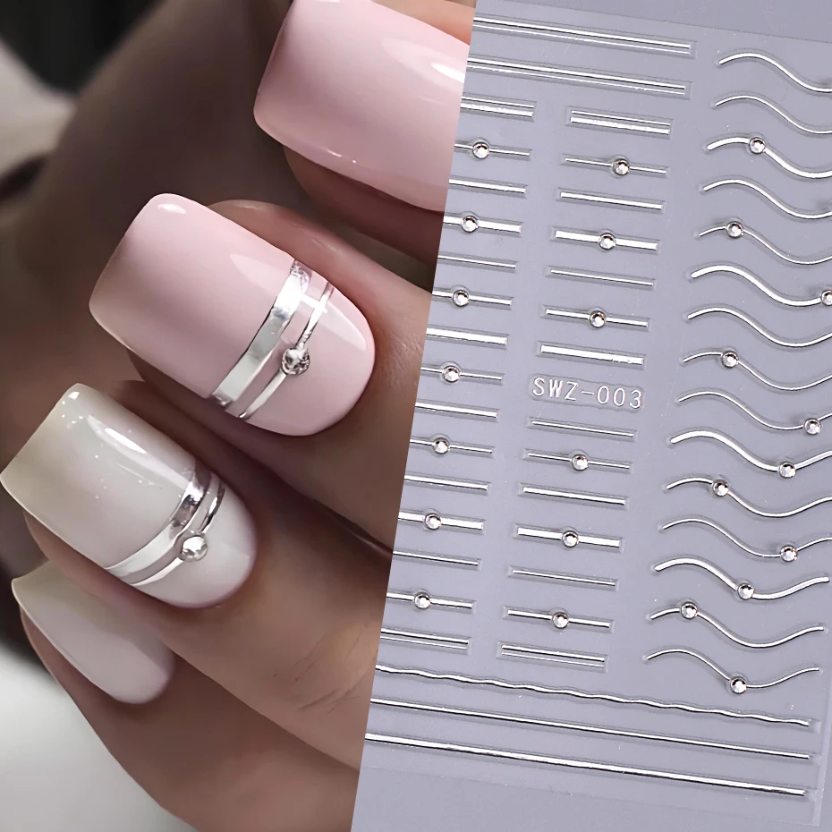 2/3pcs French Line Nail Sticker With Rhinestones Simple Wave Curve Tap Gold Silver Sparkling Stripe Decal Creative Manicure Tips