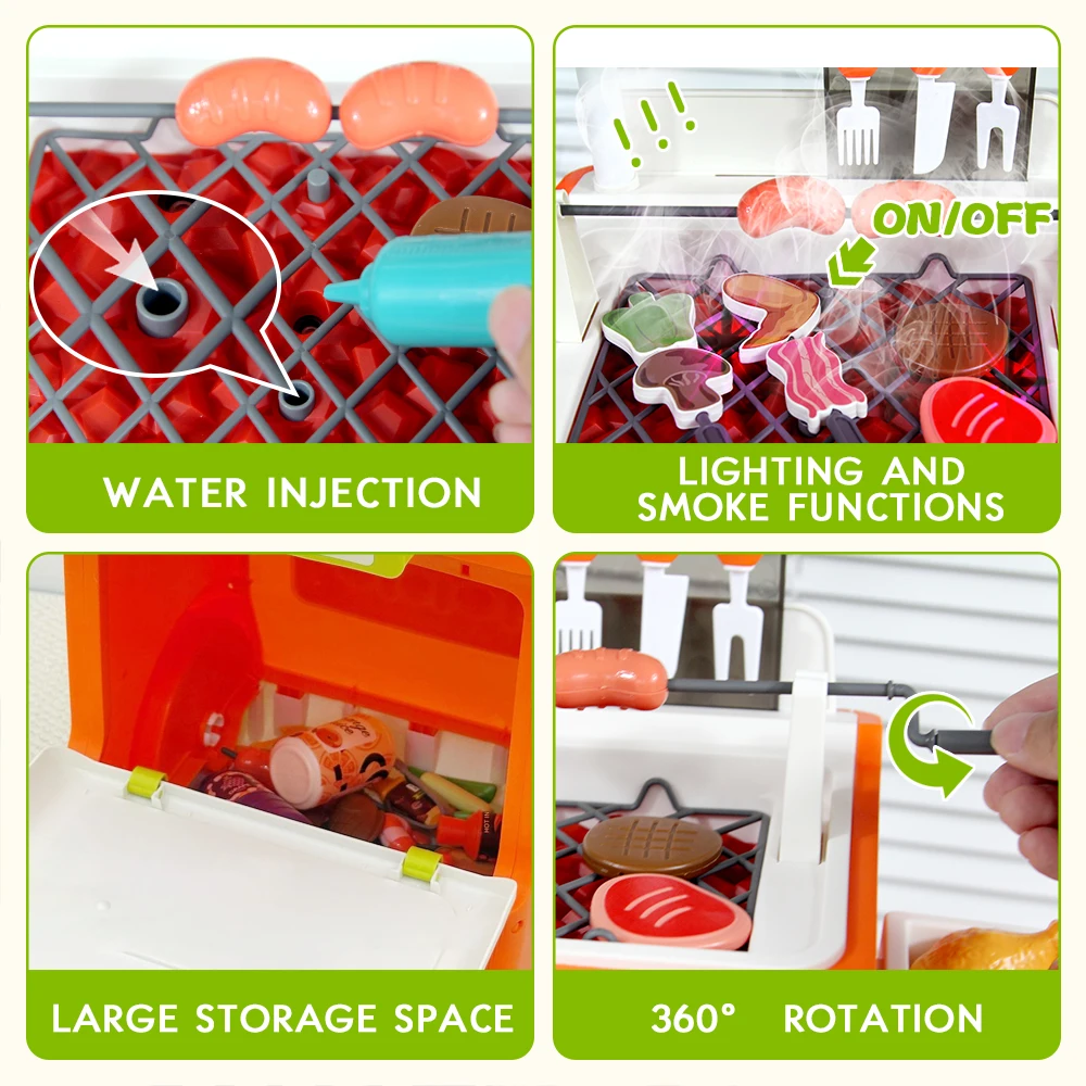 Multifunctional playhouse barbecue toy, with spray design, realistic barbecue tools, gift