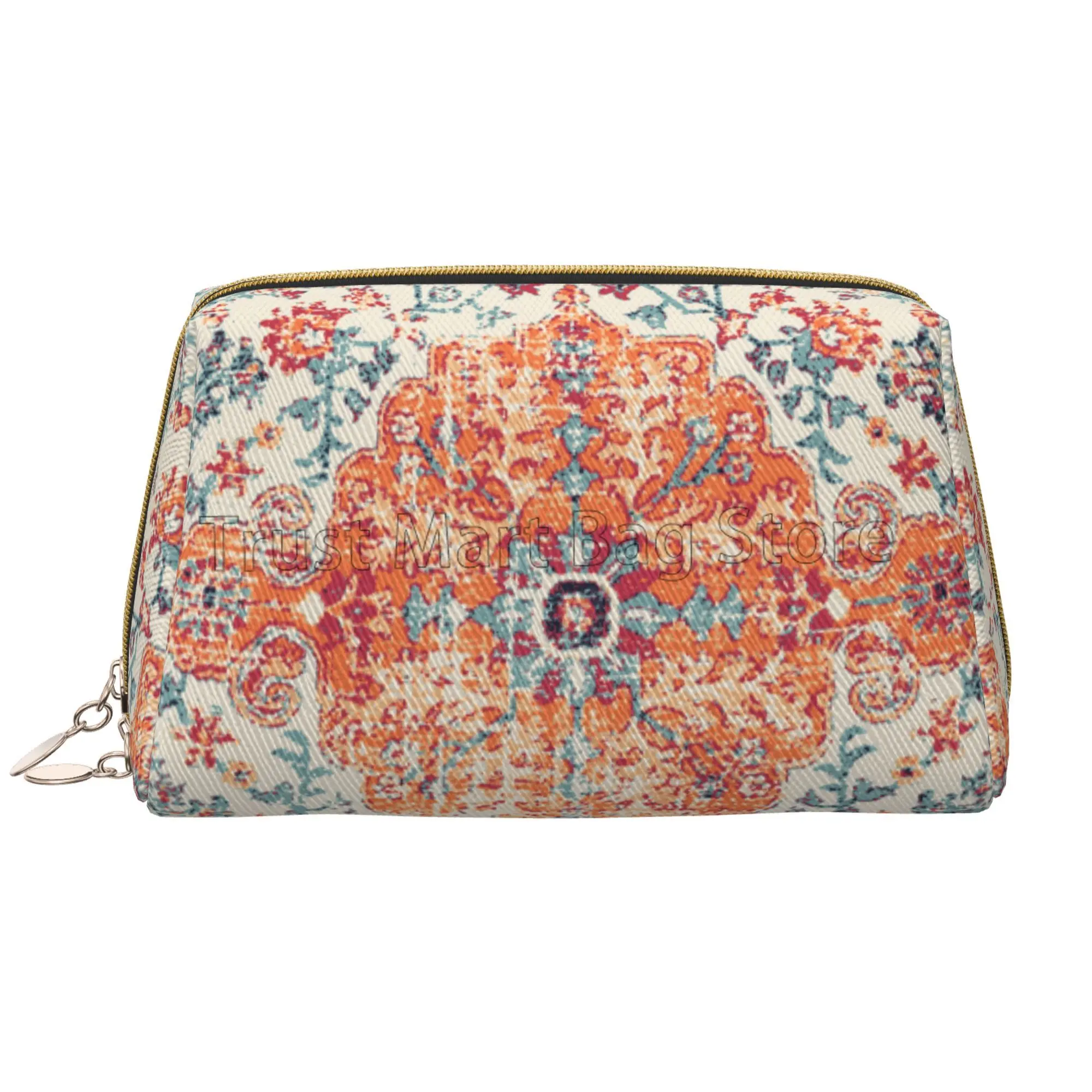 Aztec Terracotta Boho Cosmetic Bag Women Leather Makeup Bag Large Capacity Travel Pouch Bags Zipper Makeup Organizer