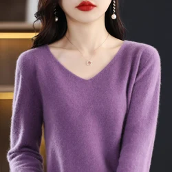 Suéter de Cachemira de lana merina para mujer, Jersey de punto con cuello en V, top suelto de moda de color sólido, otoño e invierno, 100%