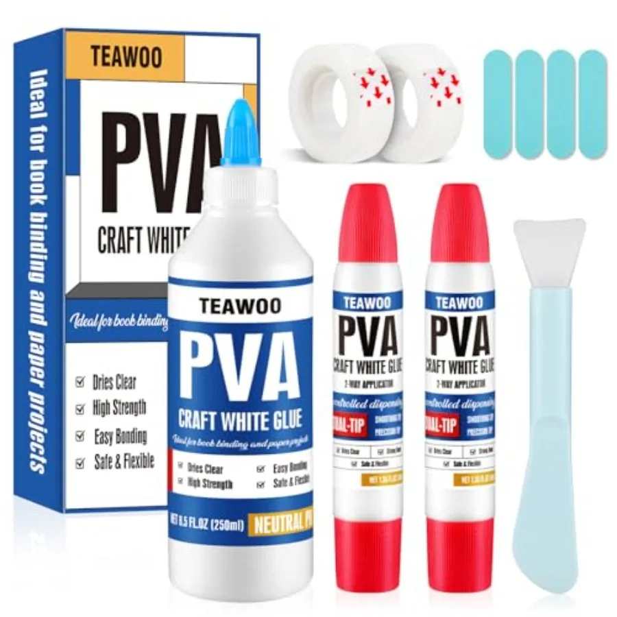 

Book Repair and Binding Glue Kit 8.5 Oz + 2×1.35 Oz Acid-Free PVA Adhesive Neutral pH, Dries Clear and Flexible for Books, Craf
