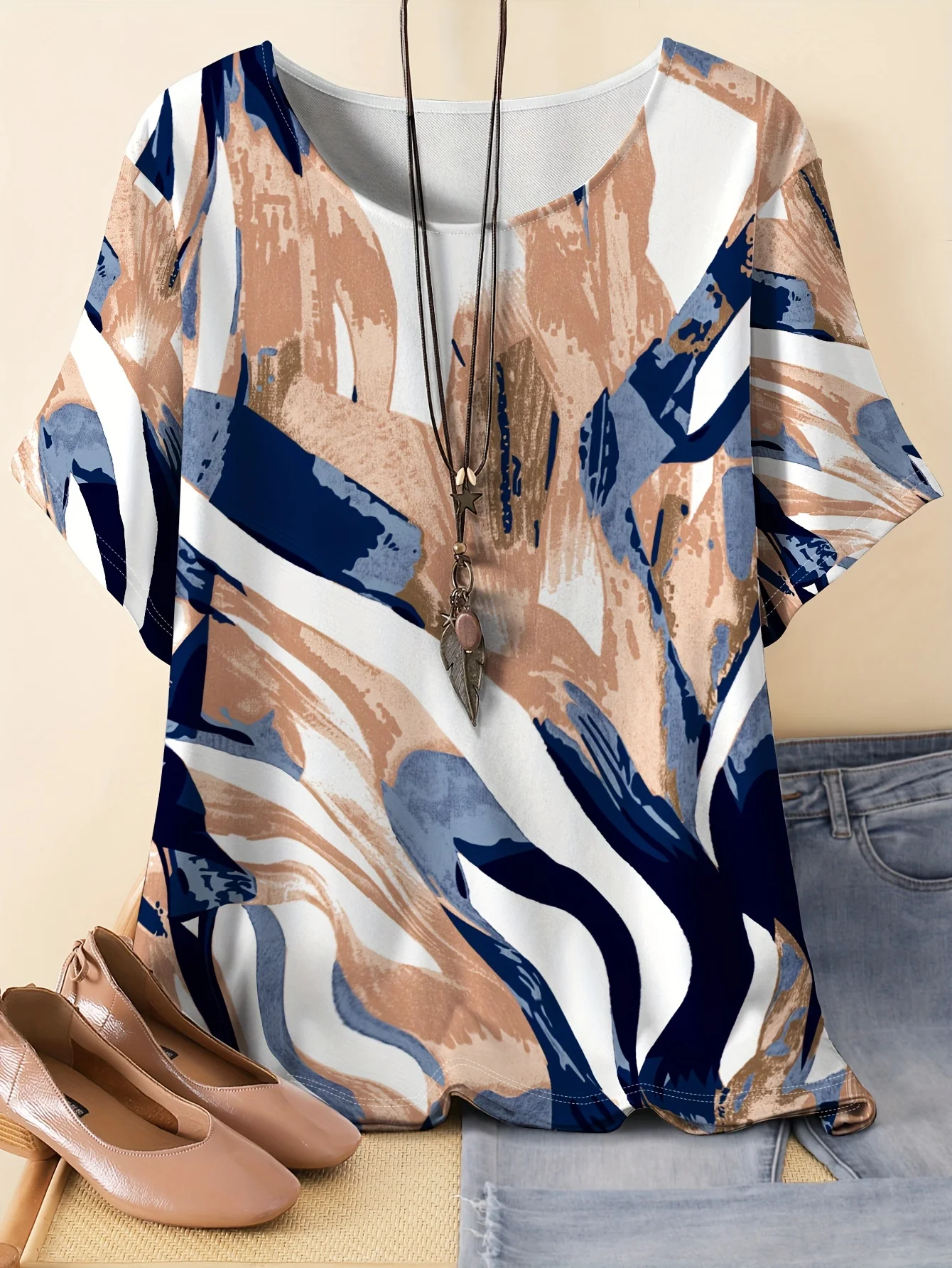 Women Crew Neck Short Sleeve Blouse Abstract Marble Print Navy Khaki White Colorblock Loose Breathable Casual Summer Daily Top