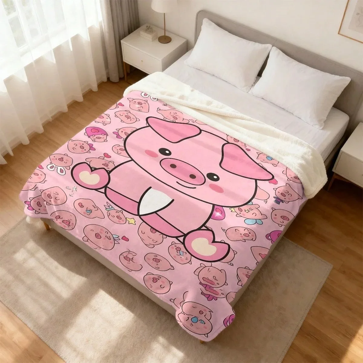 1pc Pink Cartoon Pig Flannel Blanket Soft Cozy Four Season Throw Blanket Holiday Gift For Kids Bedroom Living Room Camping Home