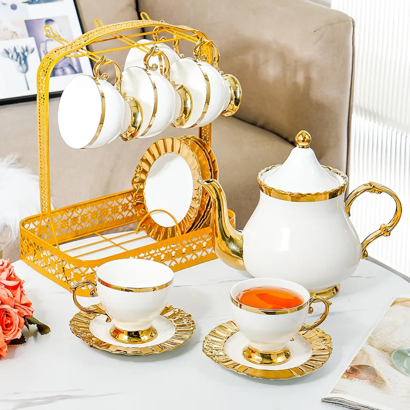 2024  Vintage Ceramic Tea  Set with Teapot  Porcelain Luxury 13pcs Rim White    Europe 6 Set