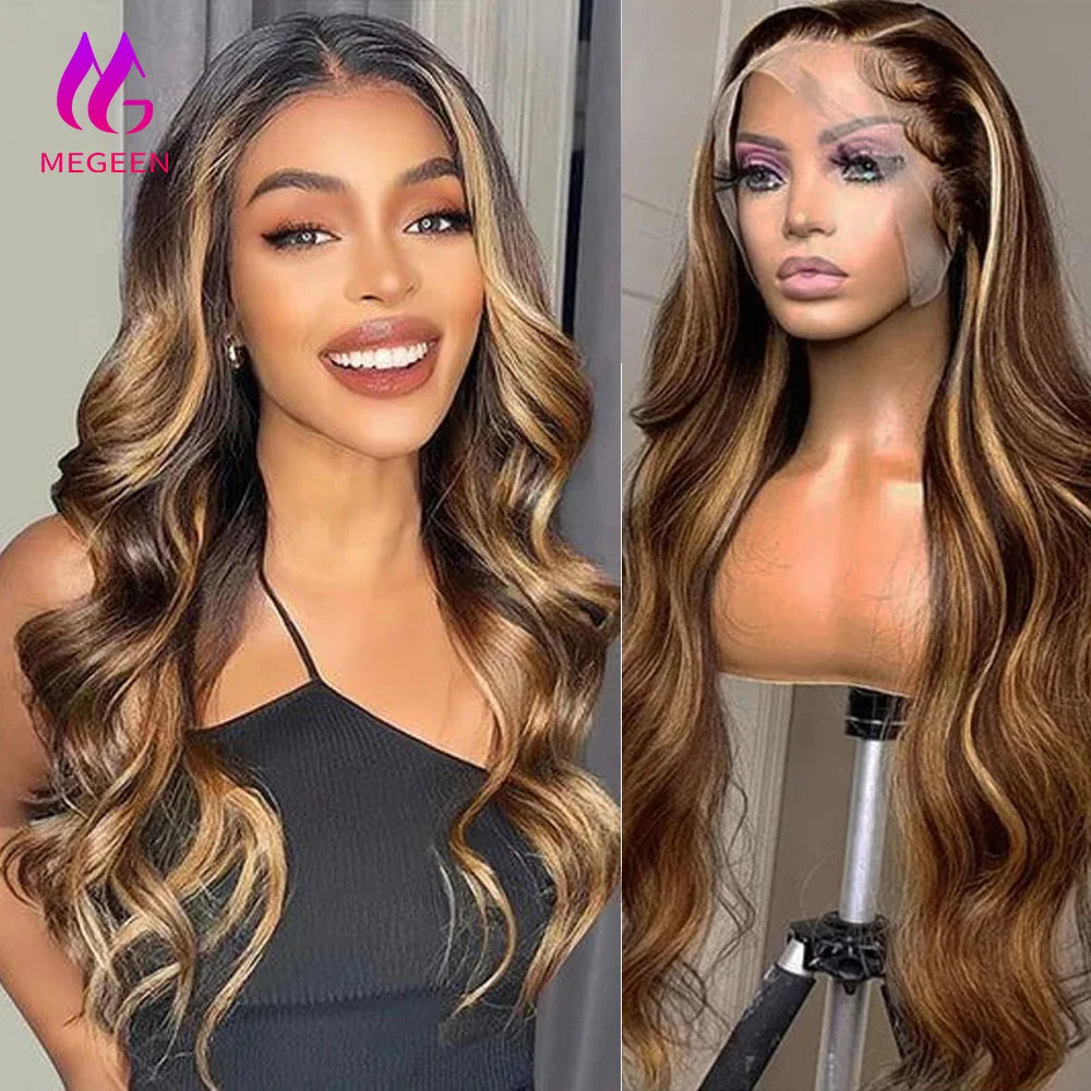 Megeen-onda do corpo peruca dianteira cheia do laço, destaque HD peruca frontal transparente do laço, louro do mel, peruca colorida Ombre, 180%, 36 ", 36"