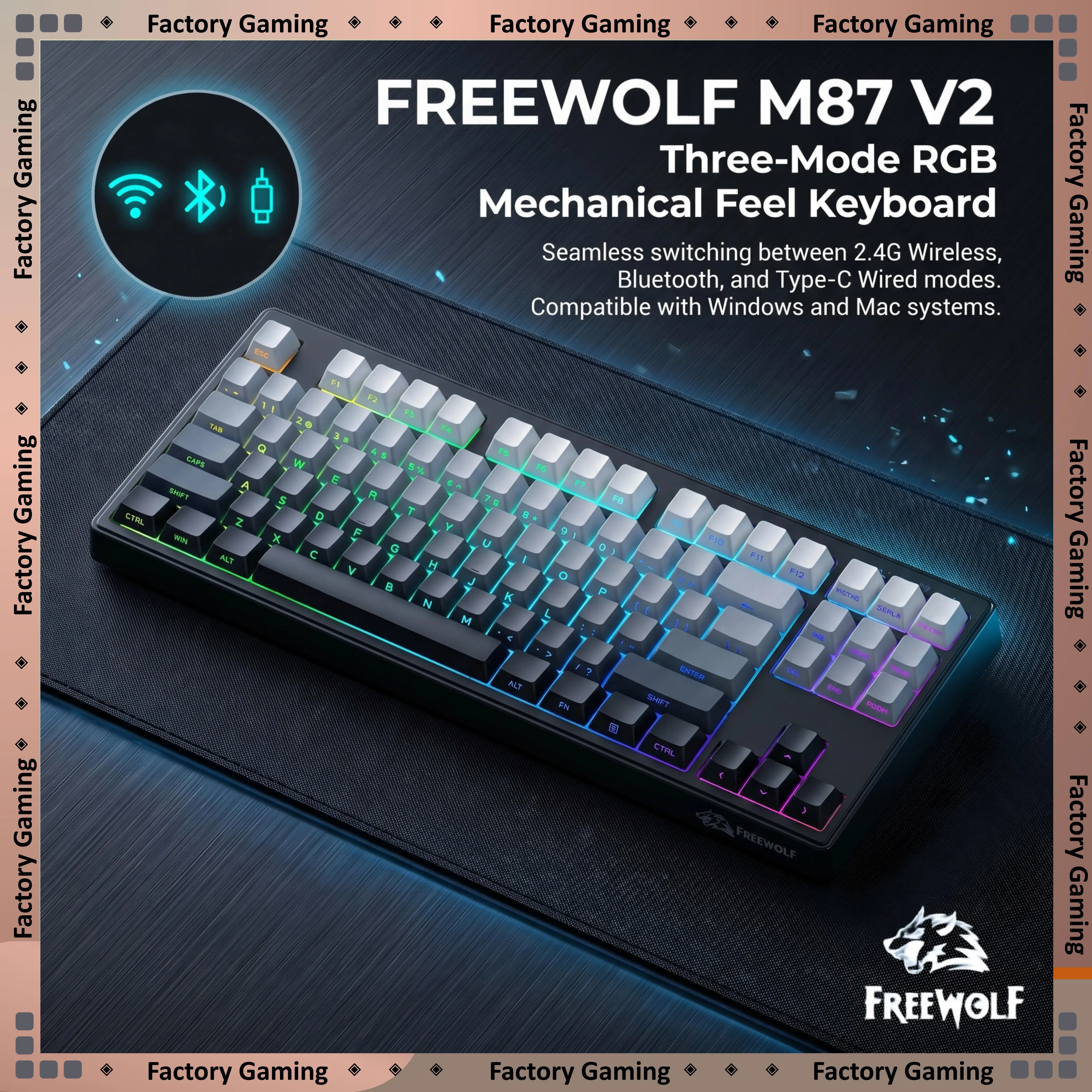 FREEWOLF M87 V2 87 Keys RGB Mechanical Feel Keyboard 3-Mode 2.4G BT Wired Type‑C Backlit Keyboard For Windows Mac Gamer Office