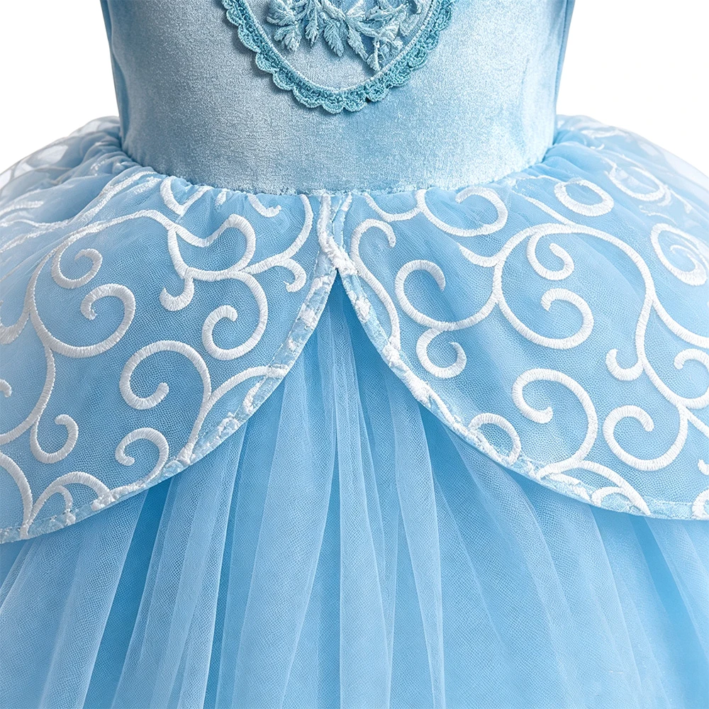 Cinderella Blaues Kurzarm-Kleid Komplettset mit Langen Handschuh-Ärmeln für Mädchen Geburtstag Ball Halloween Cosplay Kostüm – Detail 6