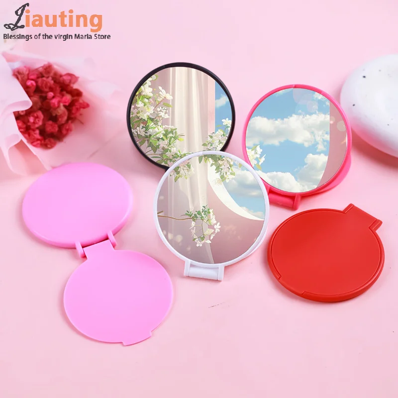 กระจกแต่งหน้า HD แนวตั้งทรงกลมแบบพกพาพับได้กระจกตั้งโต๊ะแบบใช้คู่แนวตั้งราคาไม่แพงนักเรียนจับกระจกแต่งหน้า